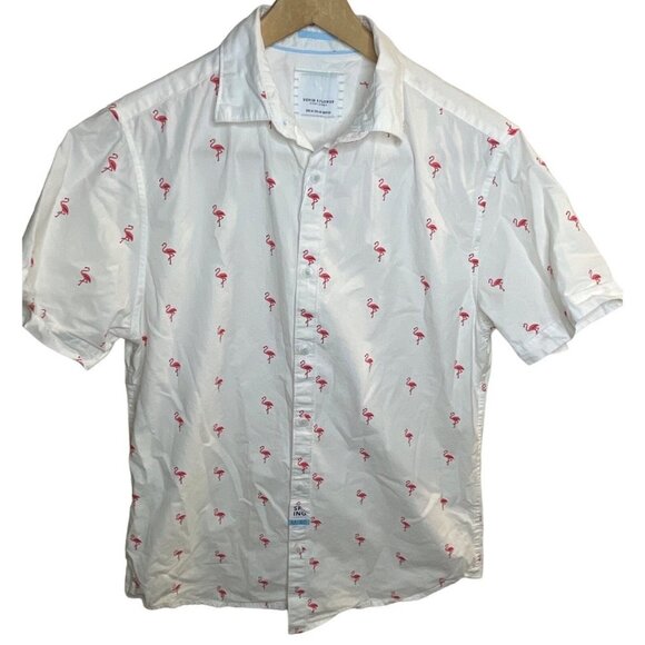 Denim & Flowers NWT White Flamingo Embroidered Short Sleeved Button Down Shirt - Picture 1 of 11